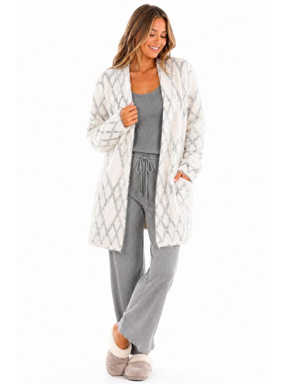 NWT Love Ever After Ivory Gray Eyelash Knit Argyle Open Front Cardigan Sweater L